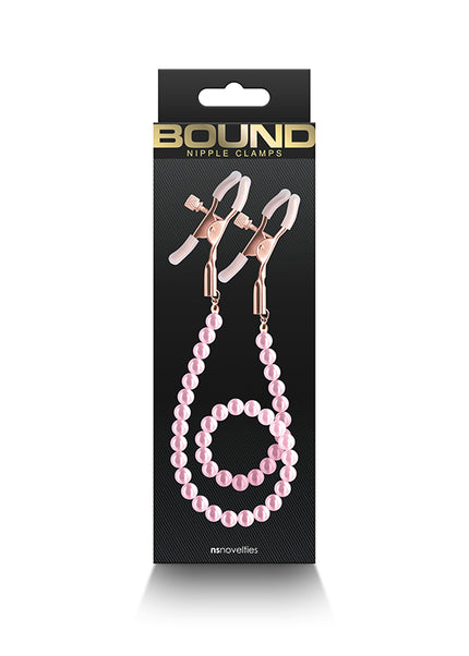 Bound Nipple Clamps - DC1 - Pink - Gold Nipple Clamps with Pink Pearl Chain