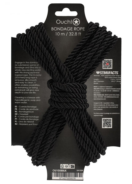 OUCH! Bondage Rope - 10 M - Black - Black Nylon Bondage Rope - 10 metre Length