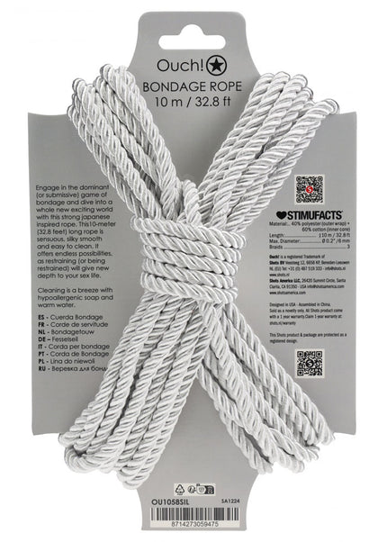 OUCH! Bondage Rope - 10 M - Silver - Silver Nylon Bondage Rope - 10 metre Length