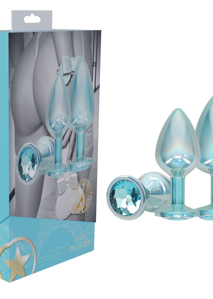 OUCH! Paris Collection - Metal Anal Plug Set - Blue - Metallic Blue Butt Plugs with Gem Bases - Set of 3 Sizes