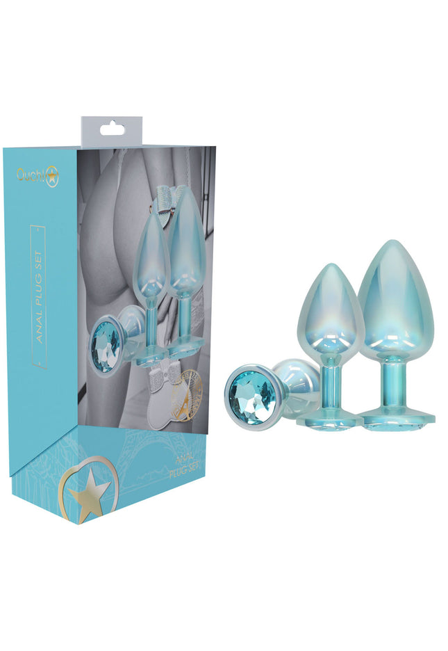 OUCH! Paris Collection - Metal Anal Plug Set - Blue - Metallic Blue Butt Plugs with Gem Bases - Set of 3 Sizes