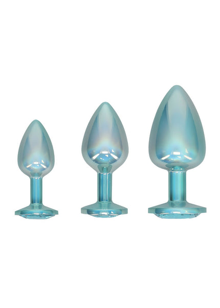 OUCH! Paris Collection - Metal Anal Plug Set - Blue - Metallic Blue Butt Plugs with Gem Bases - Set of 3 Sizes