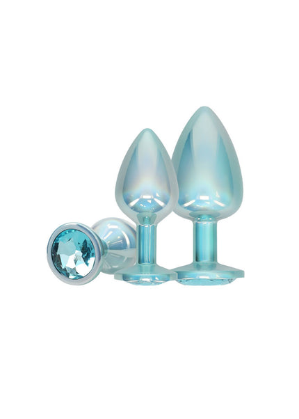 OUCH! Paris Collection - Metal Anal Plug Set - Blue - Metallic Blue Butt Plugs with Gem Bases - Set of 3 Sizes