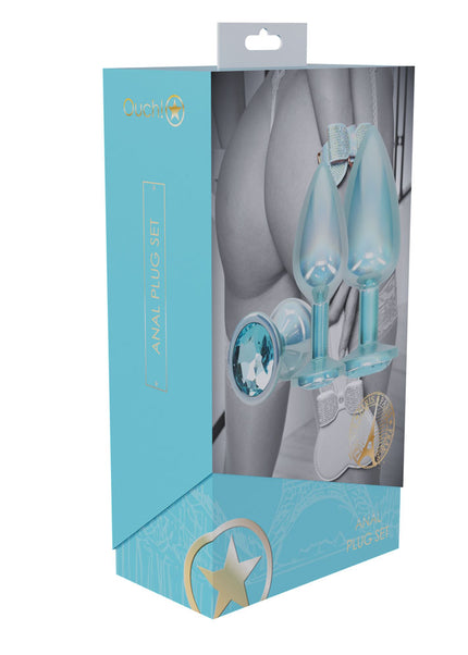 OUCH! Paris Collection - Metal Anal Plug Set - Blue - Metallic Blue Butt Plugs with Gem Bases - Set of 3 Sizes