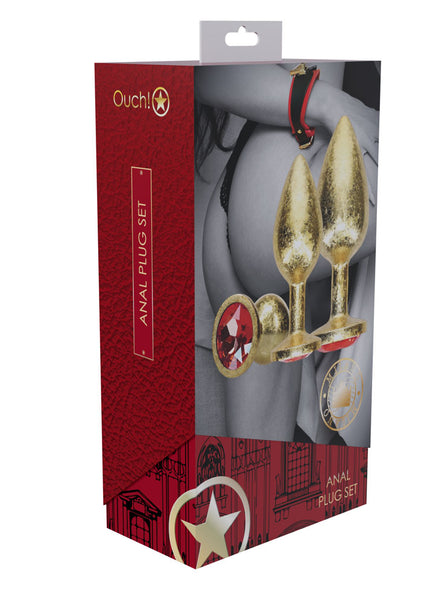 OUCH! Milan Collection - Metal Anal Plug Set - Gold - Gold Butt Plugs with Gem Bases - Set of 3 Sizes