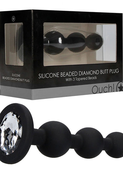 OUCH! Silicone Beaded Diamond Butt Plug - Black 11.4 cm Butt Plug with Gem Base
