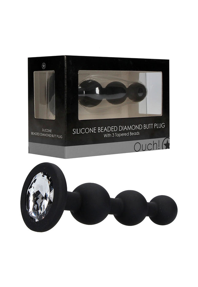 OUCH! Silicone Beaded Diamond Butt Plug - Black 11.4 cm Butt Plug with Gem Base