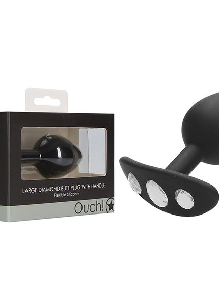 OUCH! Large Diamond Butt Plug With Handle - Black 8.6 cm Butt Plug with Gem Base