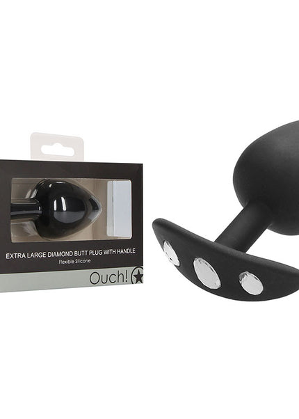 OUCH! Extra Large Diamond Butt Plug With Handle - Black 9.8 cm Butt Plug with Gem Base