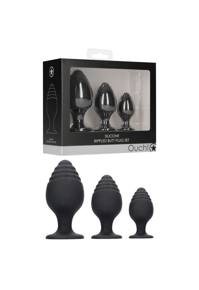 Ouch! Rippled Butt Plug Set - Black Butt Plugs - Set of 3 Sizes
