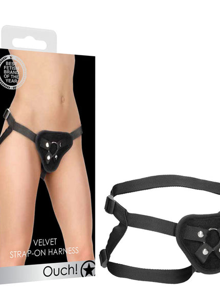 OUCH! Velvet & Velcro Adjustable Harness with O-Ring - Black Strap-On Harness (No Probe Included)