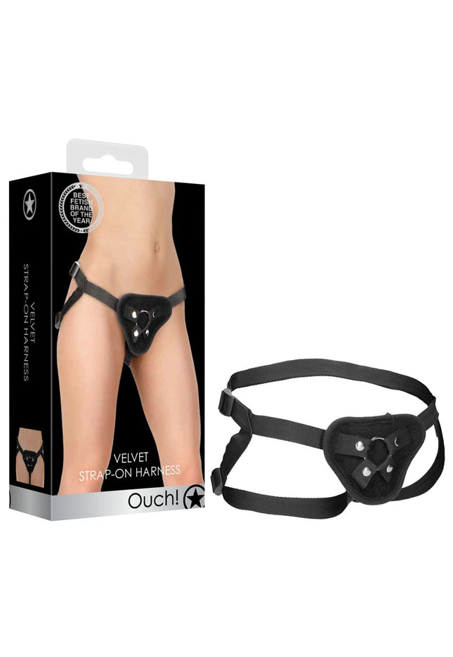 OUCH! Velvet & Velcro Adjustable Harness with O-Ring - Black Strap-On Harness (No Probe Included)