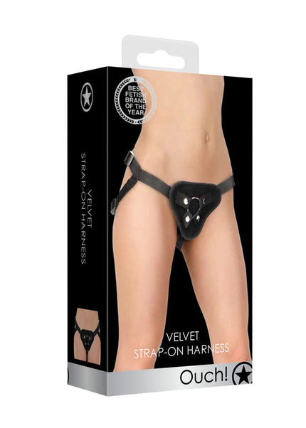 OUCH! Velvet & Velcro Adjustable Harness with O-Ring - Black Strap-On Harness (No Probe Included)