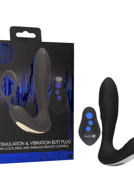 OUCH! E-stim & Vibrating Butt Plug Cock Ring - Black USB Rechargeable Vibrating Butt Plug & Cock Ring with e-Stim