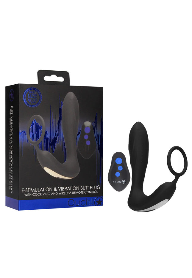 OUCH! E-stim & Vibrating Butt Plug Cock Ring - Black USB Rechargeable Vibrating Butt Plug & Cock Ring with e-Stim