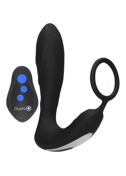 OUCH! E-stim & Vibrating Butt Plug Cock Ring - Black USB Rechargeable Vibrating Butt Plug & Cock Ring with e-Stim