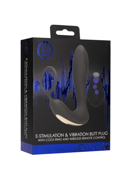 OUCH! E-stim & Vibrating Butt Plug Cock Ring - Black USB Rechargeable Vibrating Butt Plug & Cock Ring with e-Stim