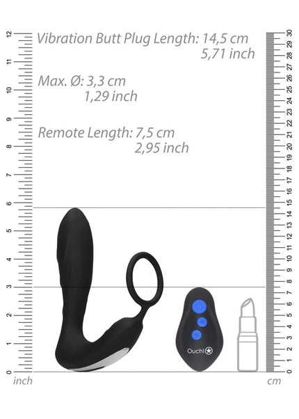 OUCH! E-stim & Vibrating Butt Plug Cock Ring - Black USB Rechargeable Vibrating Butt Plug & Cock Ring with e-Stim