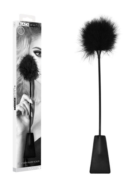 OUCH! Black & White Crop with Feather Tickler - Black 44 cm Feather Crop