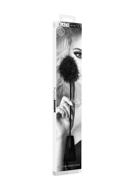 OUCH! Black & White Crop with Feather Tickler - Black 44 cm Feather Crop