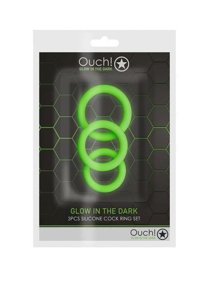 OUCH! Glow In The Dark Cock Ring Set - Glow in Dark Cock Rings - Set of 3 Sizes