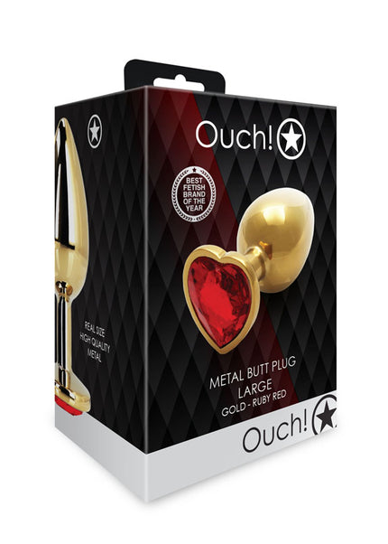 OUCH! Heart Gem Gold Butt Plug - Large - Gold 9.3 cm Large Butt Plug with Heart Gem Base