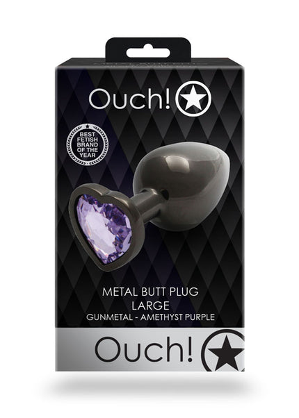OUCH! Heart Gem Gunmetal Butt Plug - Large - Gunmetal 9.3 cm Large Butt Plug with Heart Gem Base