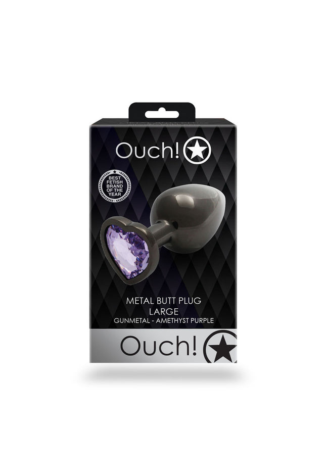 OUCH! Heart Gem Gunmetal Butt Plug - Large - Gunmetal 9.3 cm Large Butt Plug with Heart Gem Base