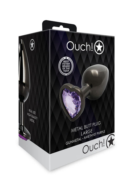 OUCH! Heart Gem Gunmetal Butt Plug - Large - Gunmetal 9.3 cm Large Butt Plug with Heart Gem Base