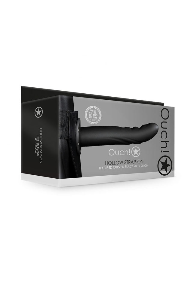 OUCH! Textured Curved Hollow Strap-on - 8in/20cm - Black 20 cm Hollow Strap-On