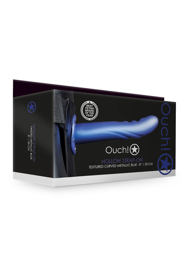 OUCH! Textured Curved Hollow Strap-on - 8in/20cm - Metallic Blue 20 cm Hollow Strap-On