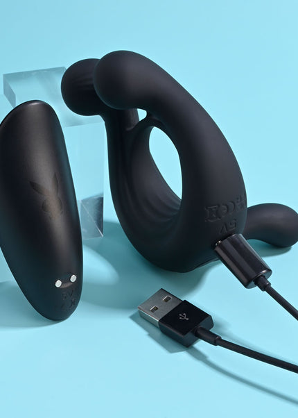 Playboy Pleasure TRIPLE PLAY - Black USB Rechargeable Cock Ring with Wireless Remote