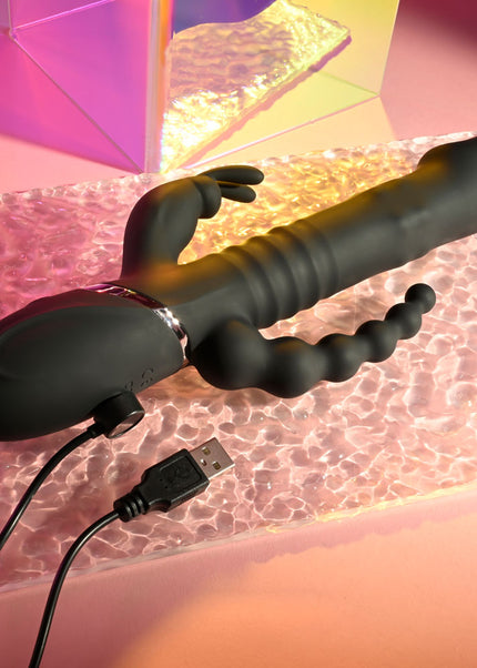 Playboy Pleasure BIG BUNNY ENERGY - Black 26.2 cm USB Rechargeable Rabbit Vibrator with Anal Beads