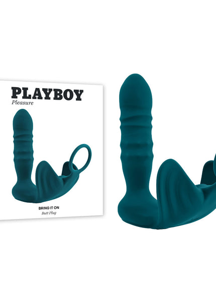 Playboy Pleasure BRING IT ON - Teal USB Rechargeable Thrusting Anal Plug with Cock Ring