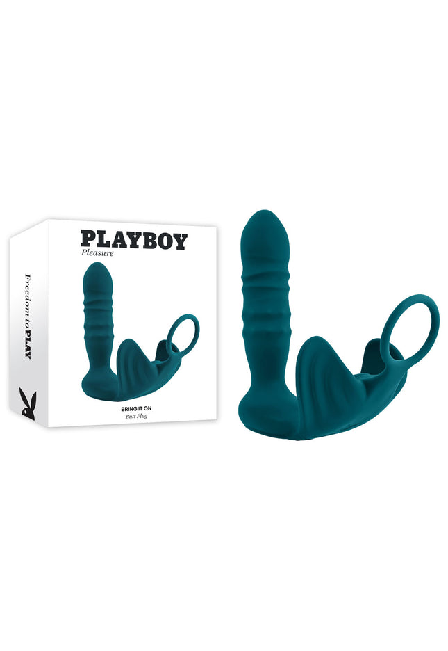 Playboy Pleasure BRING IT ON - Teal USB Rechargeable Thrusting Anal Plug with Cock Ring