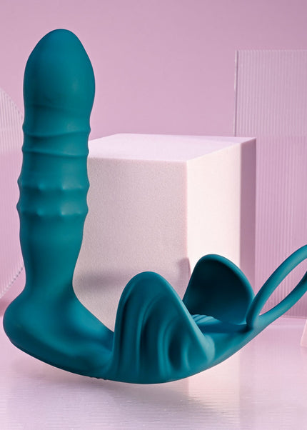 Playboy Pleasure BRING IT ON - Teal USB Rechargeable Thrusting Anal Plug with Cock Ring