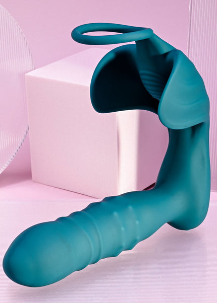 Playboy Pleasure BRING IT ON - Teal USB Rechargeable Thrusting Anal Plug with Cock Ring