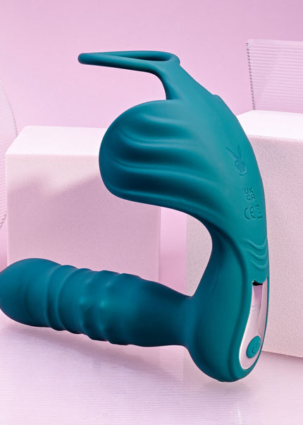 Playboy Pleasure BRING IT ON - Teal USB Rechargeable Thrusting Anal Plug with Cock Ring