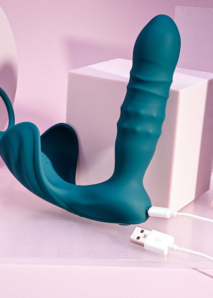 Playboy Pleasure BRING IT ON - Teal USB Rechargeable Thrusting Anal Plug with Cock Ring