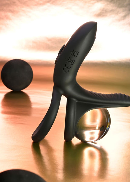 Playboy Pleasure JUST RIGHT - Black USB Rechargeable Vibrating Cock & Balls Rings