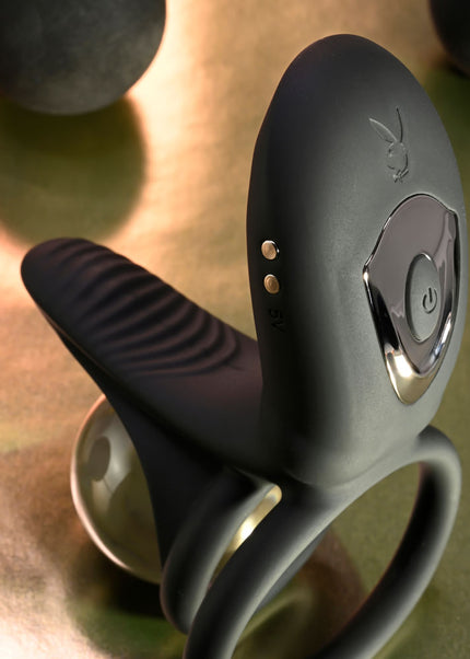 Playboy Pleasure JUST RIGHT - Black USB Rechargeable Vibrating Cock & Balls Rings