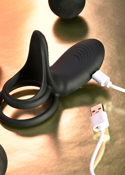 Playboy Pleasure JUST RIGHT - Black USB Rechargeable Vibrating Cock & Balls Rings
