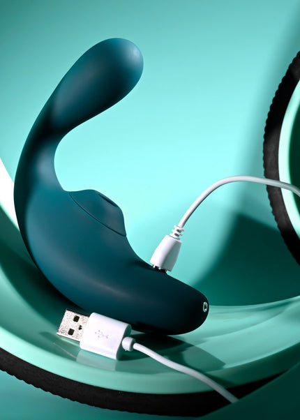 Playboy Pleasure CHARMER - Blue USB Rechargeable Vibrator with Clitoral Suction