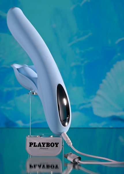 Playboy Pleasure IN BLOOM - Blue 23.5 cm USB Rechargeable Thrusting Tapping & Heating Dual Vibrator