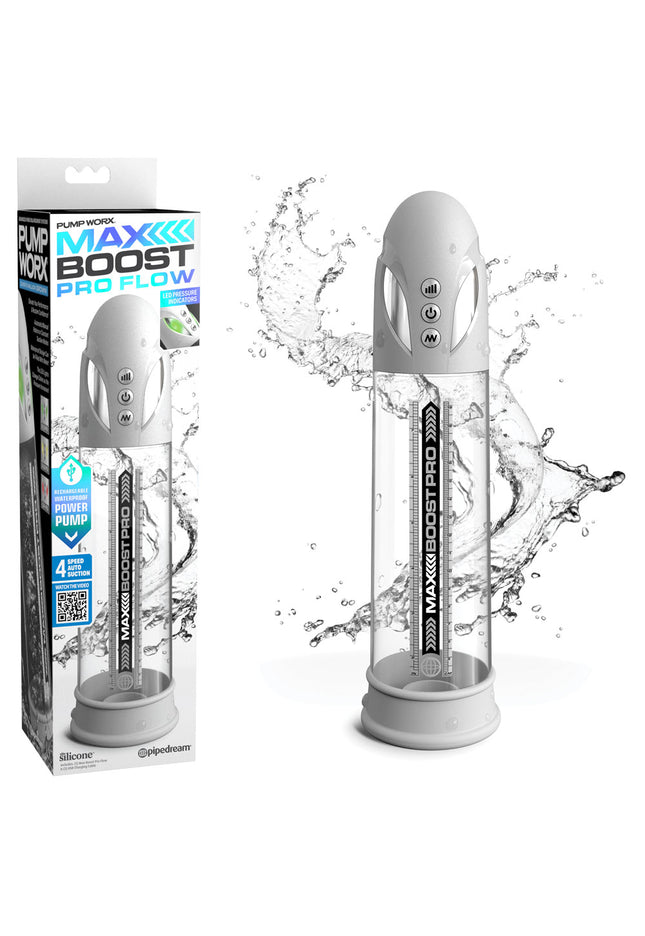 Pump Worx Max Boost Pro Flow - White - White/Clear USB Rechargeable Waterproof Auto Penis Pump