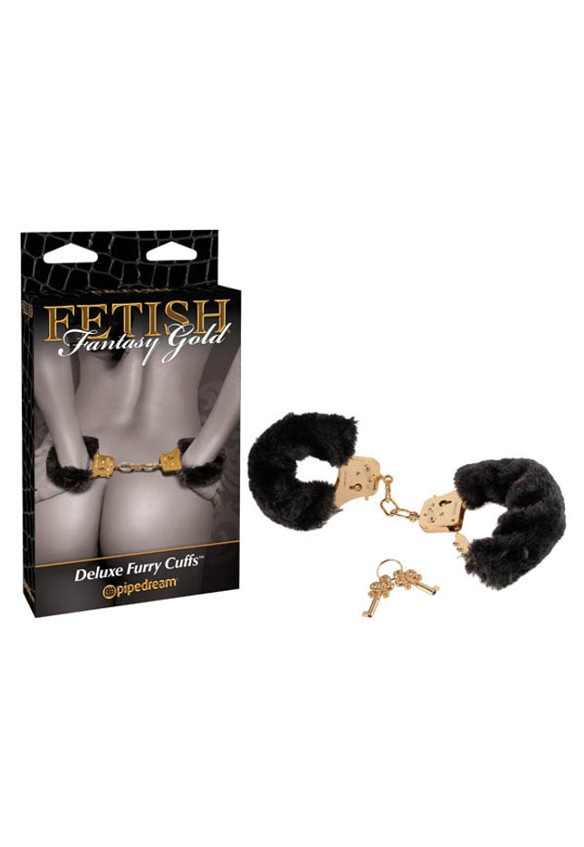Fetish Fantasy Gold Deluxe Furry Cuffs - Black/Gold Furry Restraints