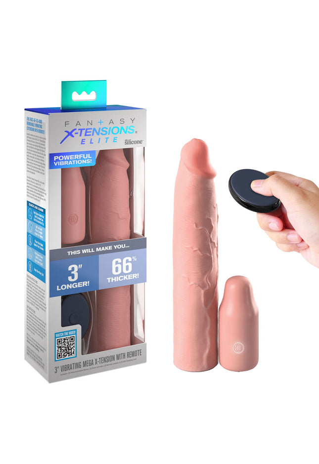 Fantasy X-Tensions Elite Vibrating Mega X-tension with Remote - Flesh - Flesh 7.6 cm USB Rechargeable Vibrating Penis Extender Sleeve
