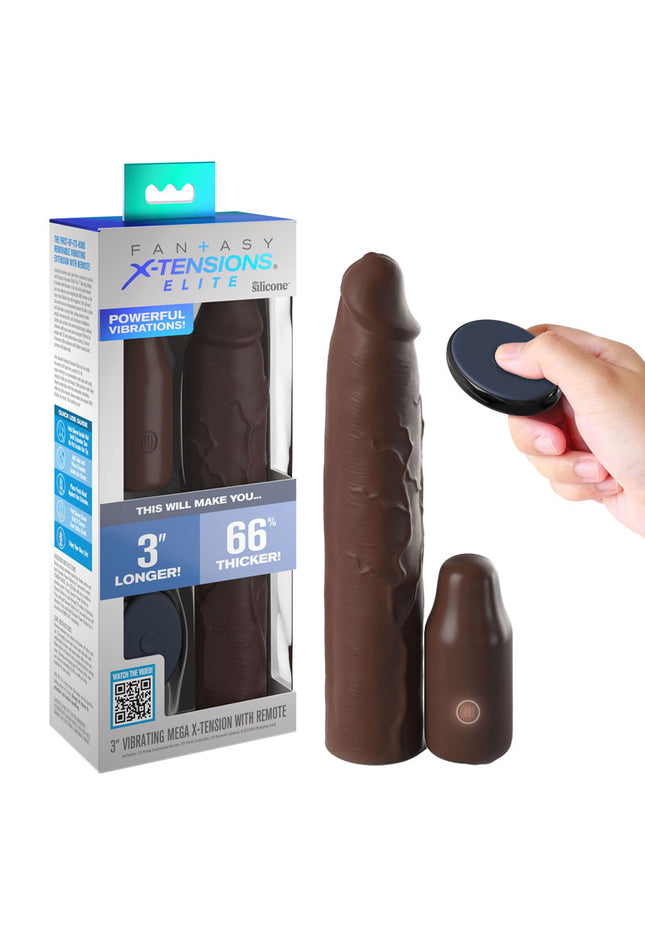 Fantasy X-Tensions Elite Vibrating Mega X-tension with Remote - Brown - Brown 7.6 cm USB Rechargeable Vibrating Penis Extender Sleeve