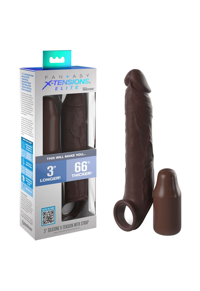 Fantasy X-Tensions Elite 3'' Extension with Strap - Brown - Brown 7.66 cm Penis Extender Sleeve