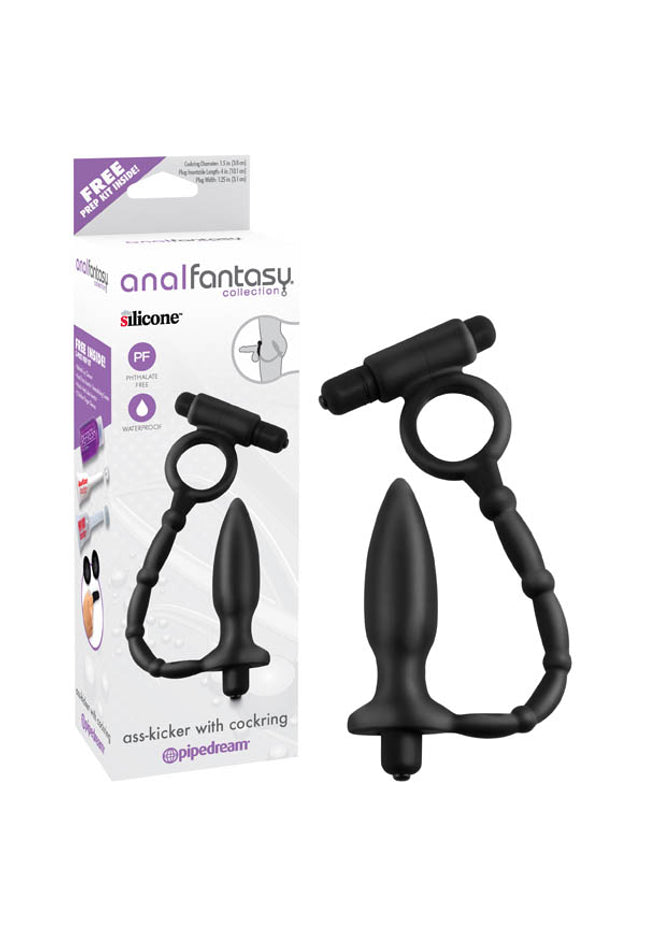 Anal Fantasy Collection Ass-Kicker With Cockring - Black 10.1 cm (4'') Vibrating Butt Plug with Vibrating Cock Ring